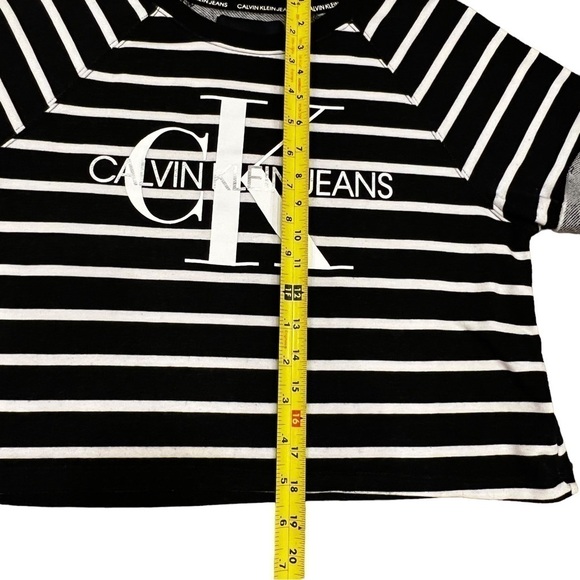 CALVIN Klein Black Striped Cotton Blend Boat Neck Short Sleeve Crop Top, Size M - Picture 12 of 12